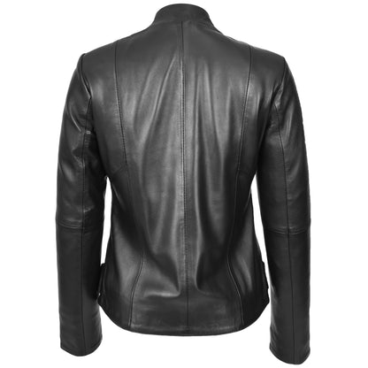 Womens Real Leather Slim Fit Biker Standing Collar Style Jacket Nibi Black - genuine leather jacket in black with made from luxury nappa leather