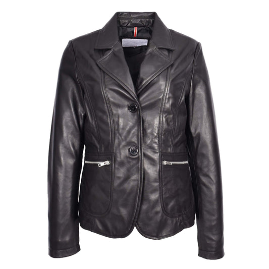 Womens Real Leather Two Button Blazer Jacket Gracie Black - genuine leather jacket in black with two button