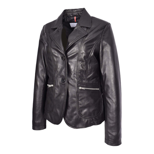 Womens Real Leather Two Button Blazer Jacket Gracie Black - genuine leather jacket in black with blazer