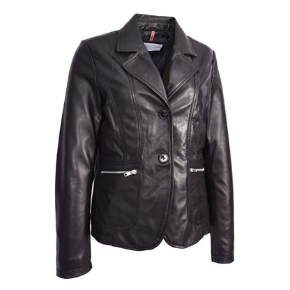 Womens Real Leather Two Button Blazer Jacket Gracie Black - genuine leather jacket in black with two button