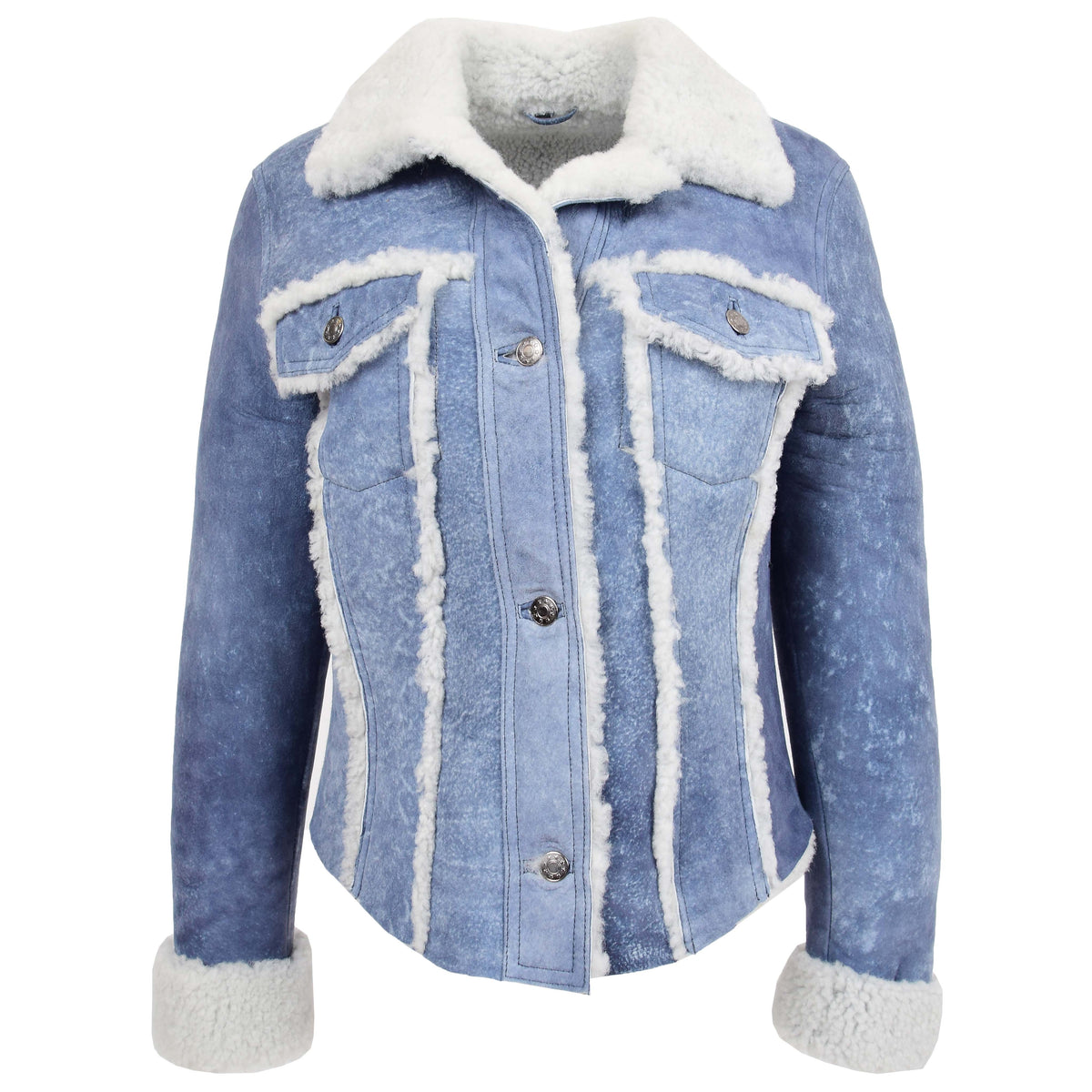 Womens Real Sheepskin Trucker Jacket Kylie Denim Blue - genuine sheepskin jacket in denim blue with none outer pockets