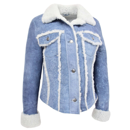 Womens Real Sheepskin Trucker Jacket Kylie Denim Blue - genuine sheepskin jacket in denim blue with trucker