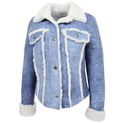 Womens Real Sheepskin Trucker Jacket Kylie Denim Blue - genuine sheepskin jacket in denim blue with none outer pockets