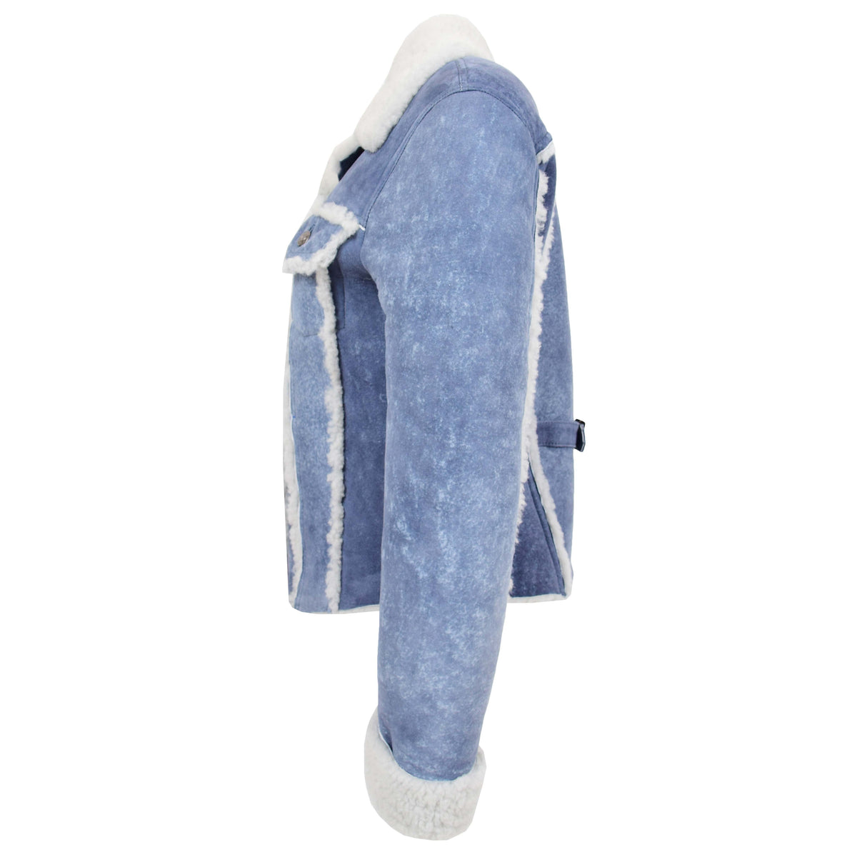 Womens Real Sheepskin Trucker Jacket Kylie Denim Blue - genuine sheepskin jacket in denim blue with trucker