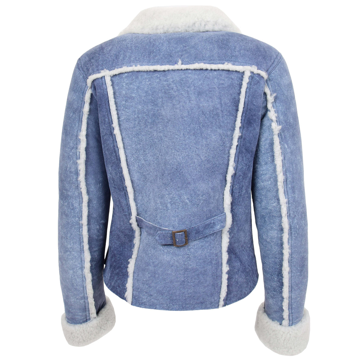 Womens Real Sheepskin Trucker Jacket Kylie Denim Blue - genuine sheepskin jacket in denim blue with trucker