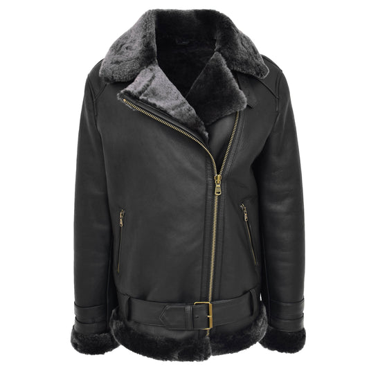 Womens Sheepskin Aviator Cross Zip Pilot Jacket Lena Black - genuine sheepskin jacket in black with two outer pockets