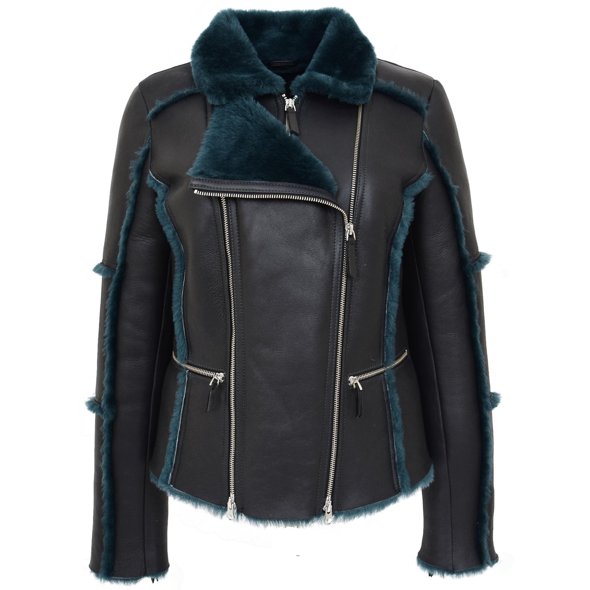 Womens Sheepskin Aviator Pilot Jacket Valerie Black Green - genuine sheepskin jacket in black green with two outer pockets