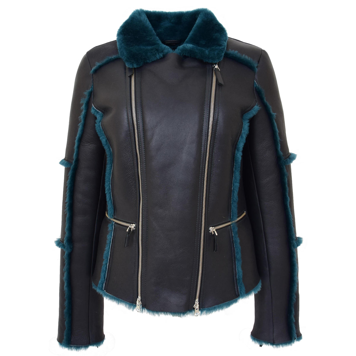 Womens Sheepskin Aviator Pilot Jacket Valerie Black Green - genuine sheepskin jacket in black green with aviator