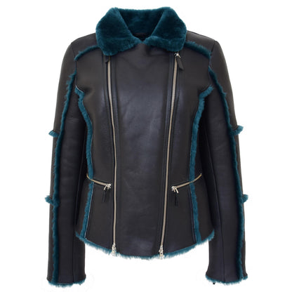 Womens Sheepskin Aviator Pilot Jacket Valerie Black Green - genuine sheepskin jacket in black green with aviator