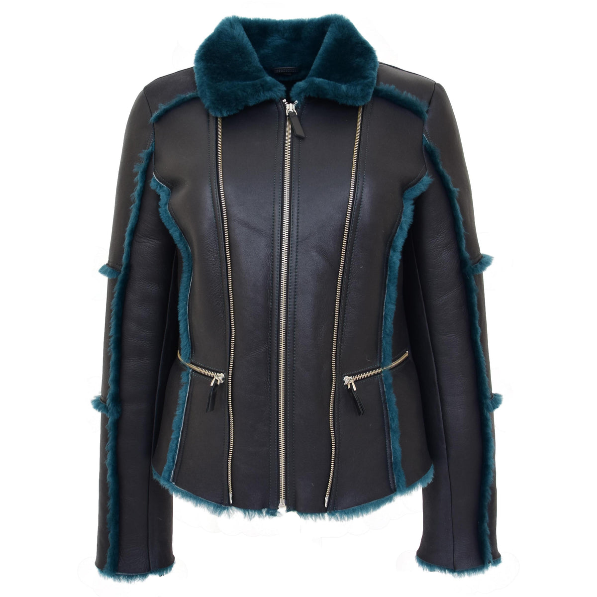 Womens Sheepskin Aviator Pilot Jacket Valerie Black Green - genuine sheepskin jacket in black green with two outer pockets