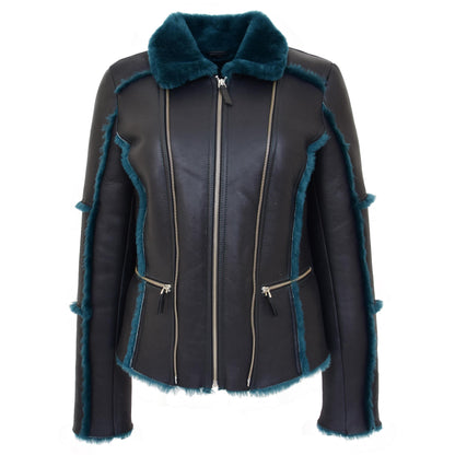 Womens Sheepskin Aviator Pilot Jacket Valerie Black Green - genuine sheepskin jacket in black green with two outer pockets