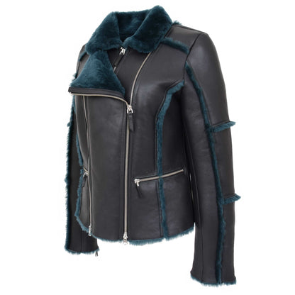 Womens Sheepskin Aviator Pilot Jacket Valerie Black Green - genuine sheepskin jacket in black green with aviator