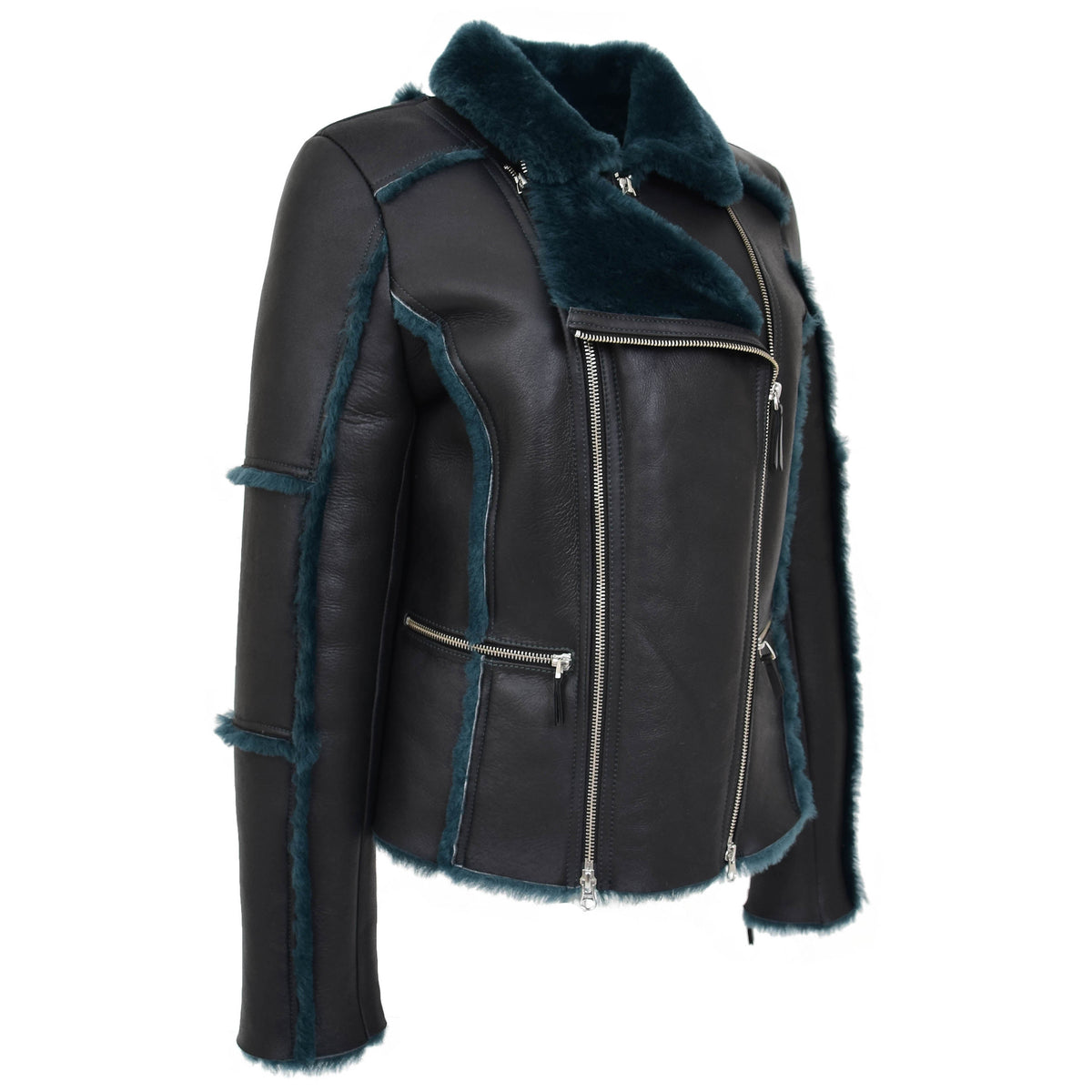 Womens Sheepskin Aviator Pilot Jacket Valerie Black Green - genuine sheepskin jacket in black green with two outer pockets