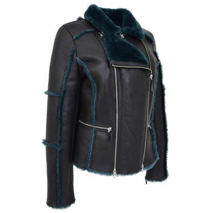 Womens Sheepskin Aviator Pilot Jacket Valerie Black Green - genuine sheepskin jacket in black green with two outer pockets
