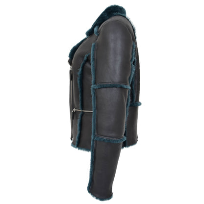 Womens Sheepskin Aviator Pilot Jacket Valerie Black Green - genuine sheepskin jacket in black green with aviator