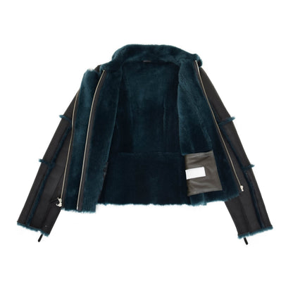 Womens Sheepskin Aviator Pilot Jacket Valerie Black Green - genuine sheepskin jacket in black green with two outer pockets
