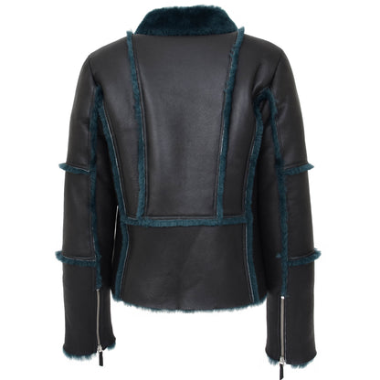 Womens Sheepskin Aviator Pilot Jacket Valerie Black Green - genuine sheepskin jacket in black green with aviator
