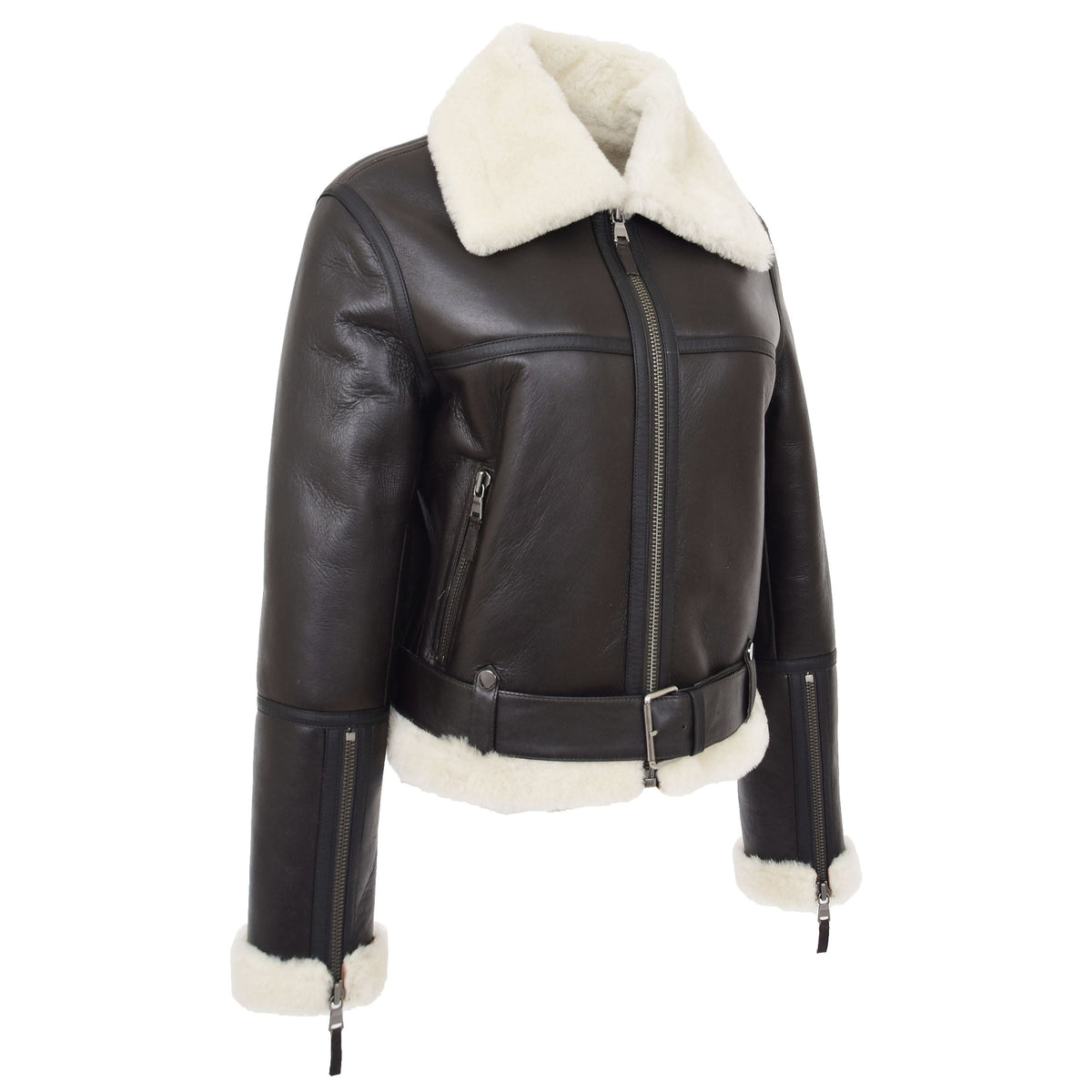 Womens Sheepskin Aviator RAF Pilot Jacket Elsie Brown White - genuine sheepskin jacket in brown white with aviator