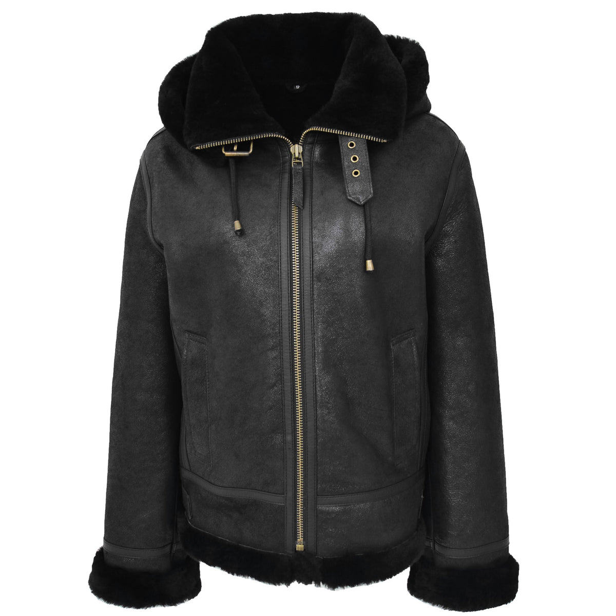 Womens Sheepskin B3 Detachable Hoodie Jacket Naomi Black - genuine sheepskin jacket in black with two outer pockets