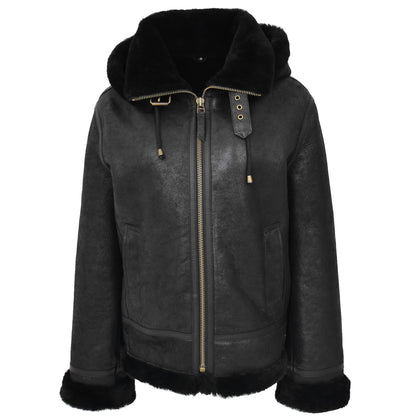 Womens Sheepskin B3 Detachable Hoodie Jacket Naomi Black - genuine sheepskin jacket in black with two outer pockets