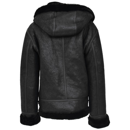 Womens Sheepskin B3 Detachable Hoodie Jacket Naomi Black - genuine sheepskin jacket in black with two outer pockets
