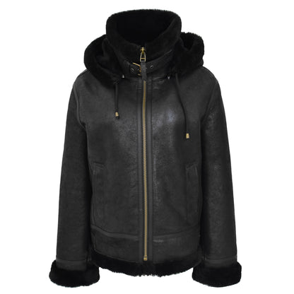 Womens Sheepskin B3 Detachable Hoodie Jacket Naomi Black - genuine sheepskin jacket in black with detachable hood