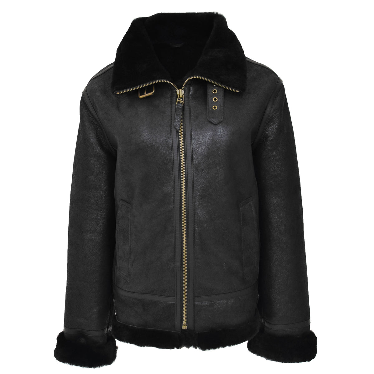 Womens Sheepskin B3 Detachable Hoodie Jacket Naomi Black - genuine sheepskin jacket in black with b3