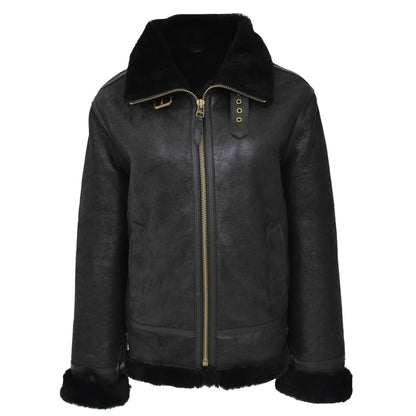 Womens Sheepskin B3 Detachable Hoodie Jacket Naomi Black - genuine sheepskin jacket in black with b3