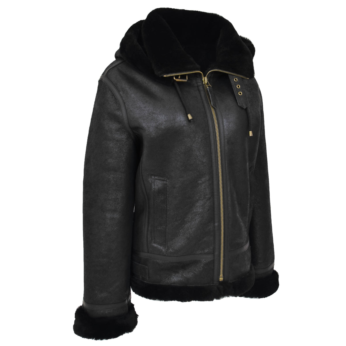 Womens Sheepskin B3 Detachable Hoodie Jacket Naomi Black - genuine sheepskin jacket in black with two outer pockets