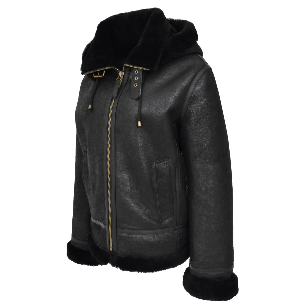 Womens Sheepskin B3 Detachable Hoodie Jacket Naomi Black - genuine sheepskin jacket in black with detachable hood