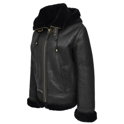 Womens Sheepskin B3 Detachable Hoodie Jacket Naomi Black - genuine sheepskin jacket in black with detachable hood