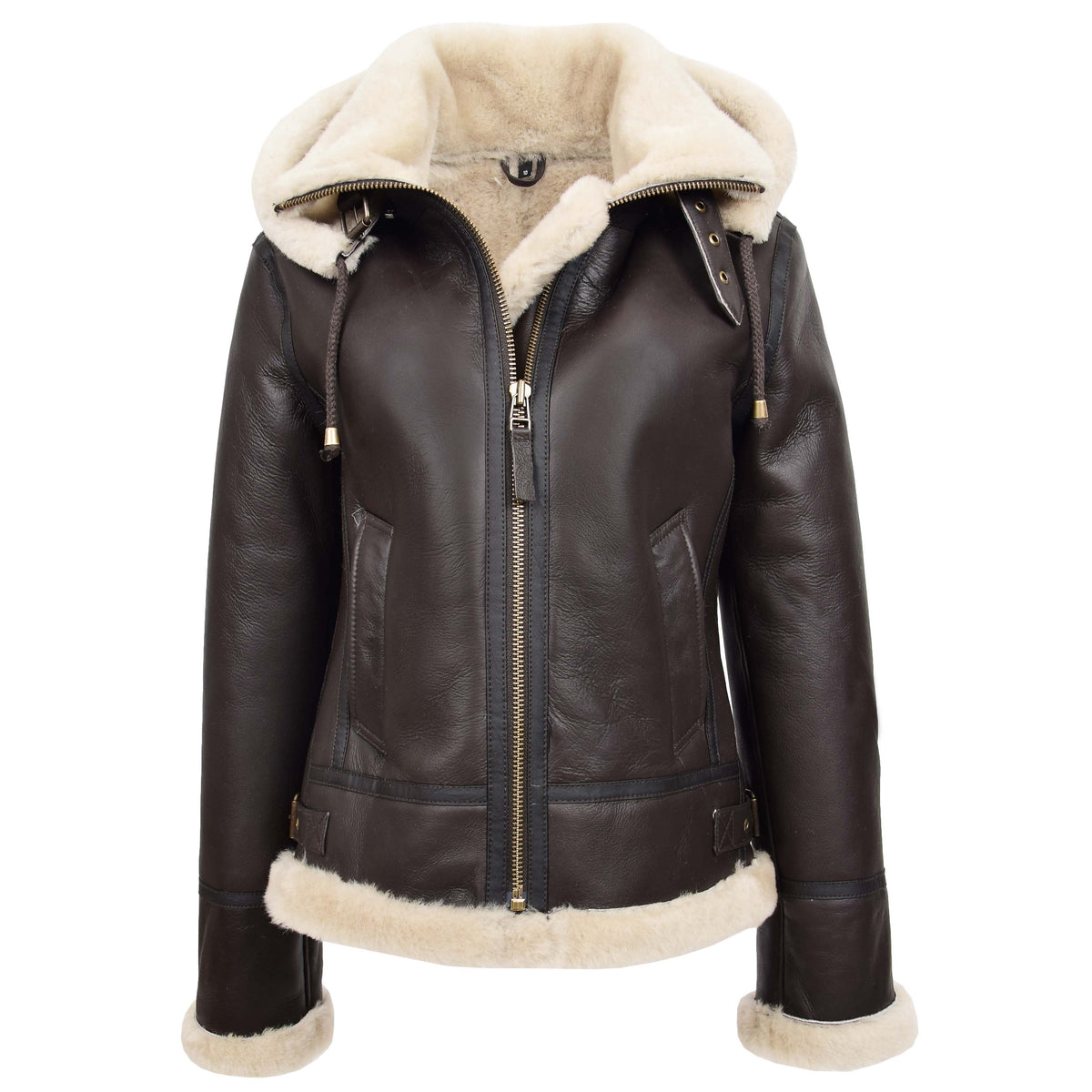 Womens Sheepskin B3 Detachable Hoodie Jacket Naomi Brown White - genuine sheepskin jacket in brown white with two outer pockets