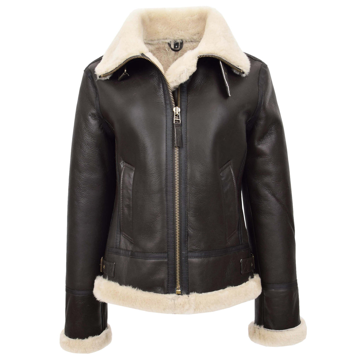 Womens Sheepskin B3 Detachable Hoodie Jacket Naomi Brown White - genuine sheepskin jacket in brown white with detachable hood
