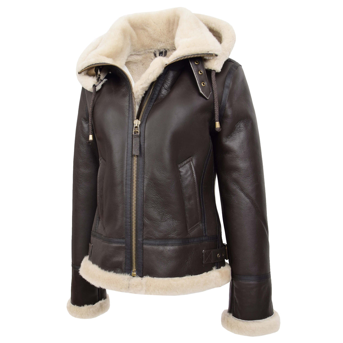 Womens Sheepskin B3 Detachable Hoodie Jacket Naomi Brown White - genuine sheepskin jacket in brown white with b3