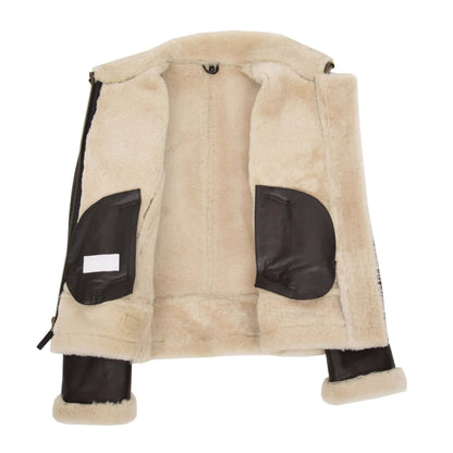 Womens Sheepskin B3 Detachable Hoodie Jacket Naomi Brown White - genuine sheepskin jacket in brown white with two outer pockets