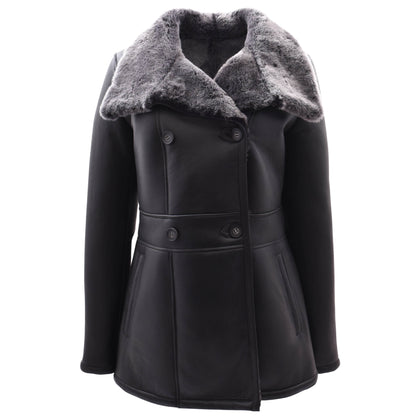 Womens Sheepskin Black Brisa Double Breasted Coat Bonnie - genuine sheepskin coat with two outer pockets
