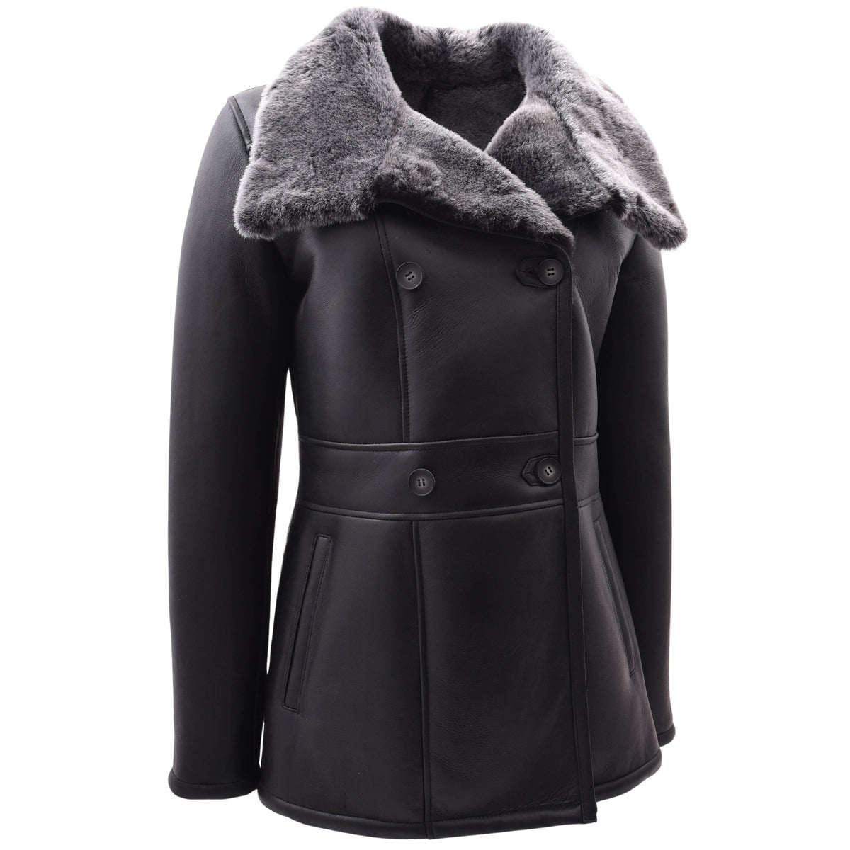 Womens Sheepskin Black Brisa Double Breasted Coat Bonnie - genuine sheepskin coat with double breasted