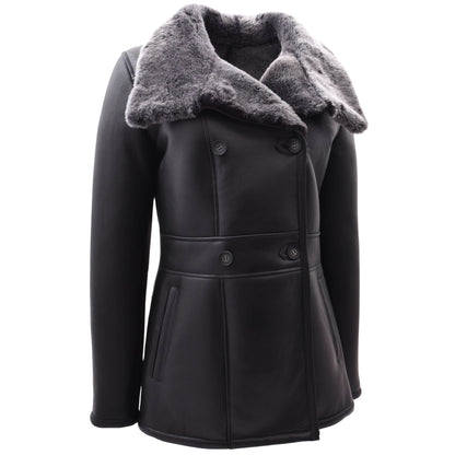 Womens Sheepskin Black Brisa Double Breasted Coat Bonnie - genuine sheepskin coat with double breasted