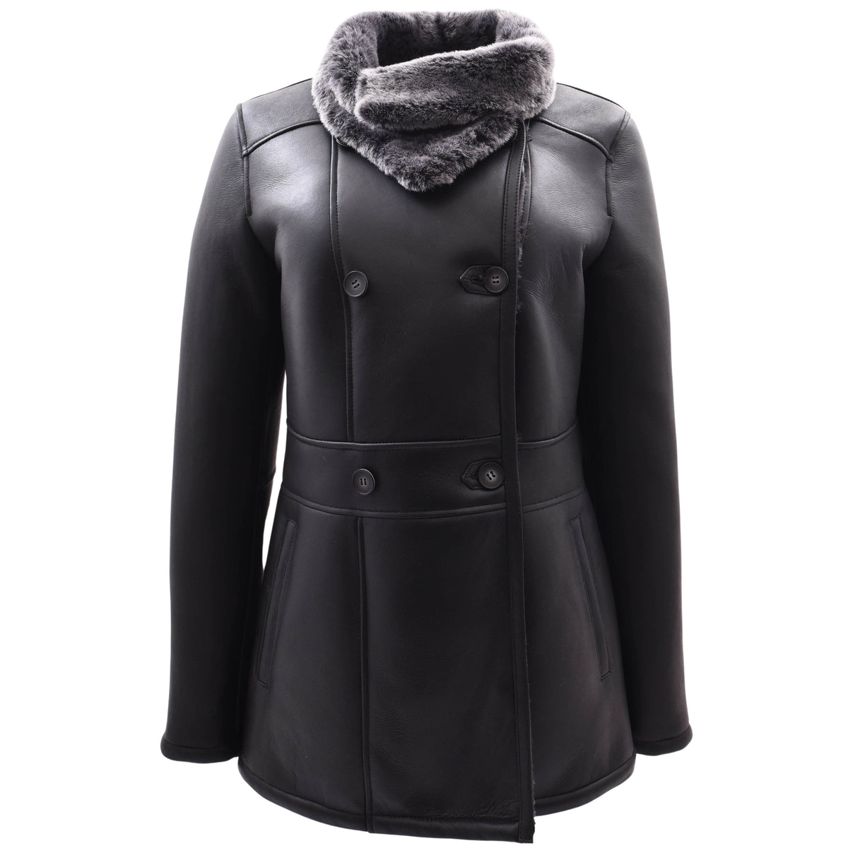 Womens Sheepskin Black Brisa Double Breasted Coat Bonnie - genuine sheepskin coat with two outer pockets