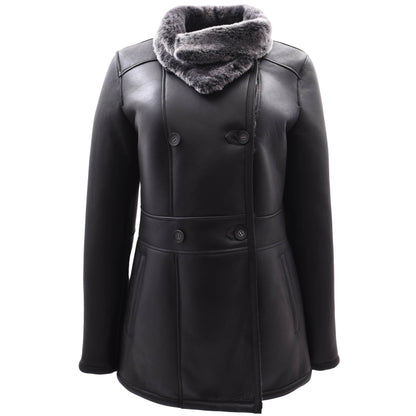 Womens Sheepskin Black Brisa Double Breasted Coat Bonnie - genuine sheepskin coat with two outer pockets