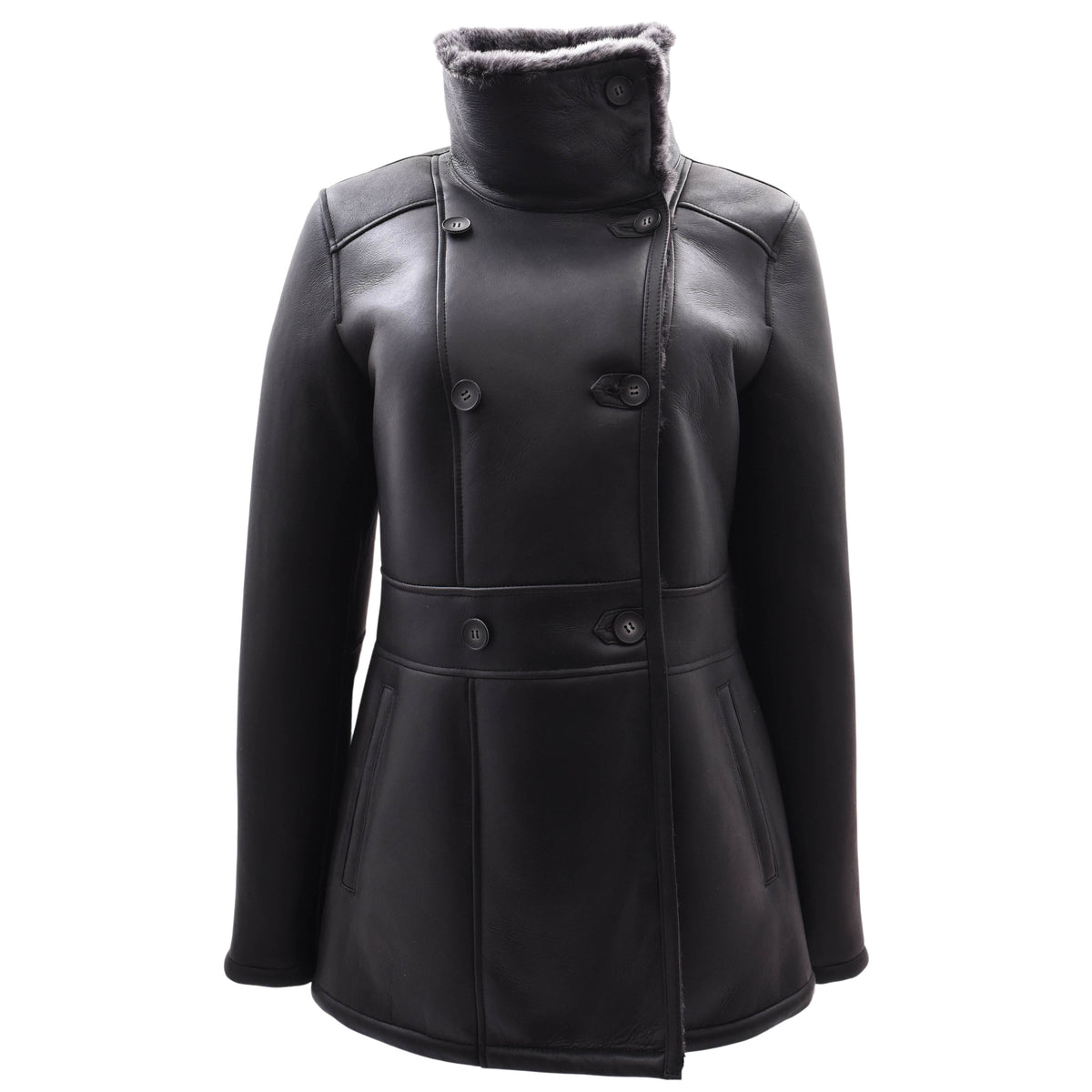 Womens Sheepskin Black Brisa Double Breasted Coat Bonnie - genuine sheepskin coat with double breasted
