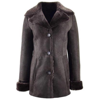 Womens Sheepskin Classic Mac Coat Tammy Brown - genuine sheepskin coat in brown with two outer pockets