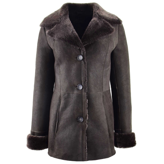 Womens Sheepskin Classic Mac Coat Tammy Brown - genuine sheepskin coat in brown with two outer pockets