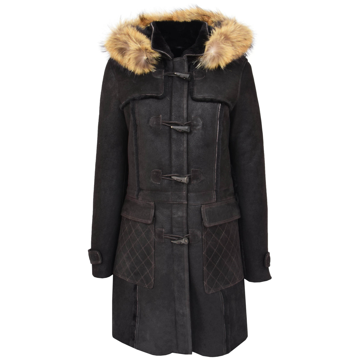 Womens Sheepskin Duffle Coat 3/4 Length Parka Beth Dark Brown - genuine sheepskin coat in dark brown with two outer pockets