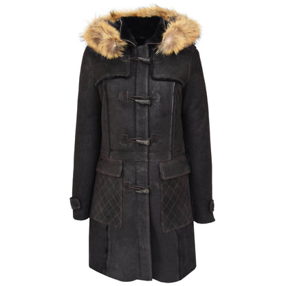 Womens Sheepskin Duffle Coat 3/4 Length Parka Beth Dark Brown - genuine sheepskin coat in dark brown with two outer pockets