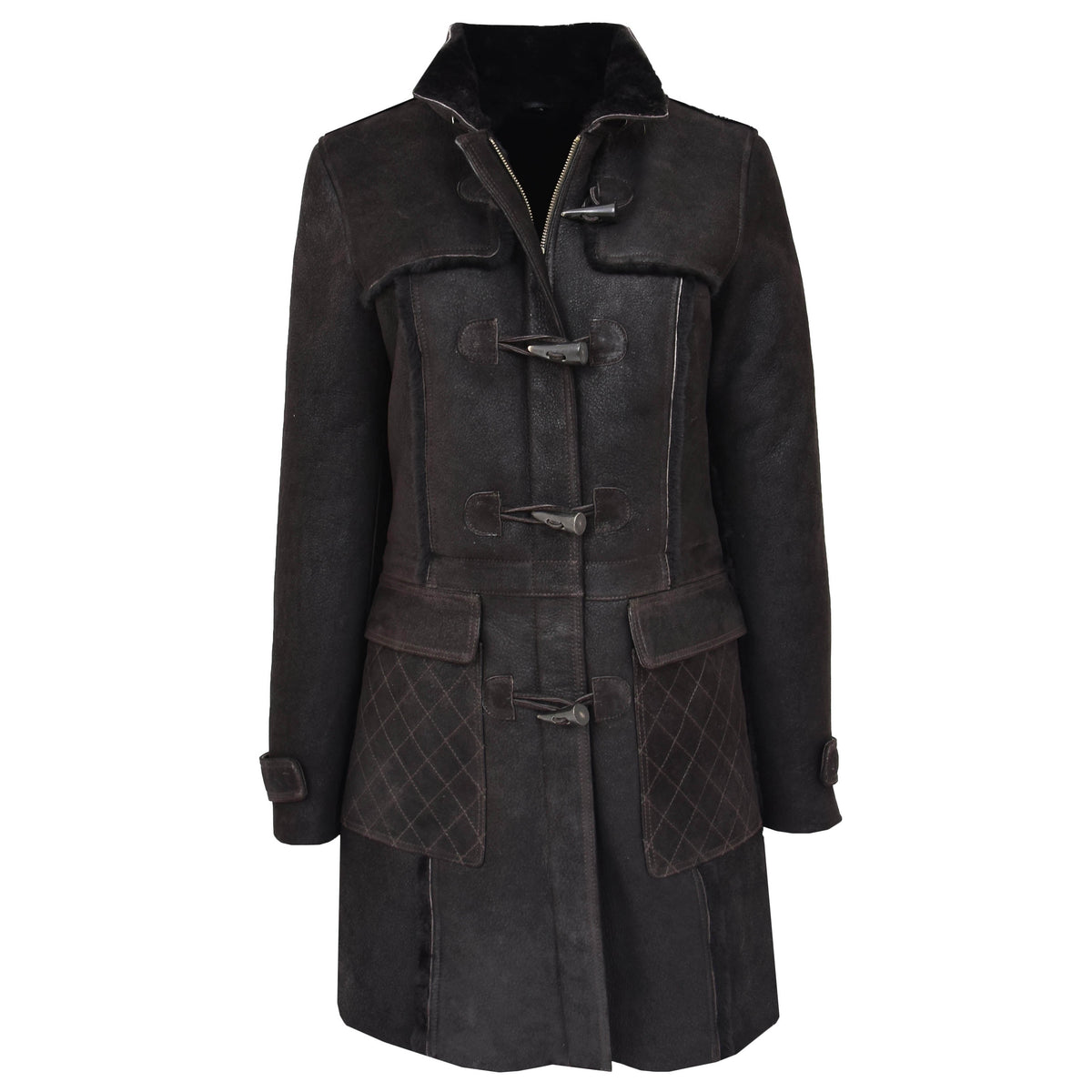 Womens Sheepskin Duffle Coat 3/4 Length Parka Beth Dark Brown - genuine sheepskin coat in dark brown with duffle