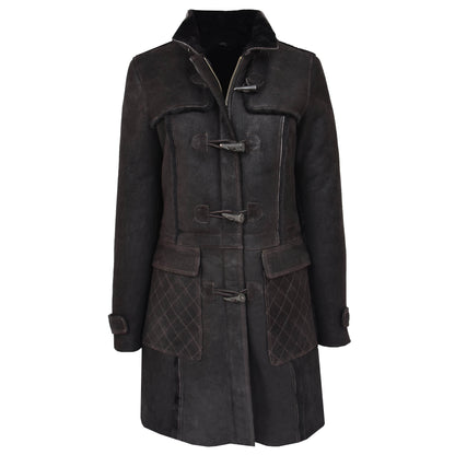 Womens Sheepskin Duffle Coat 3/4 Length Parka Beth Dark Brown - genuine sheepskin coat in dark brown with duffle
