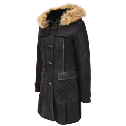 Womens Sheepskin Duffle Coat 3/4 Length Parka Beth Dark Brown - genuine sheepskin coat in dark brown with parka