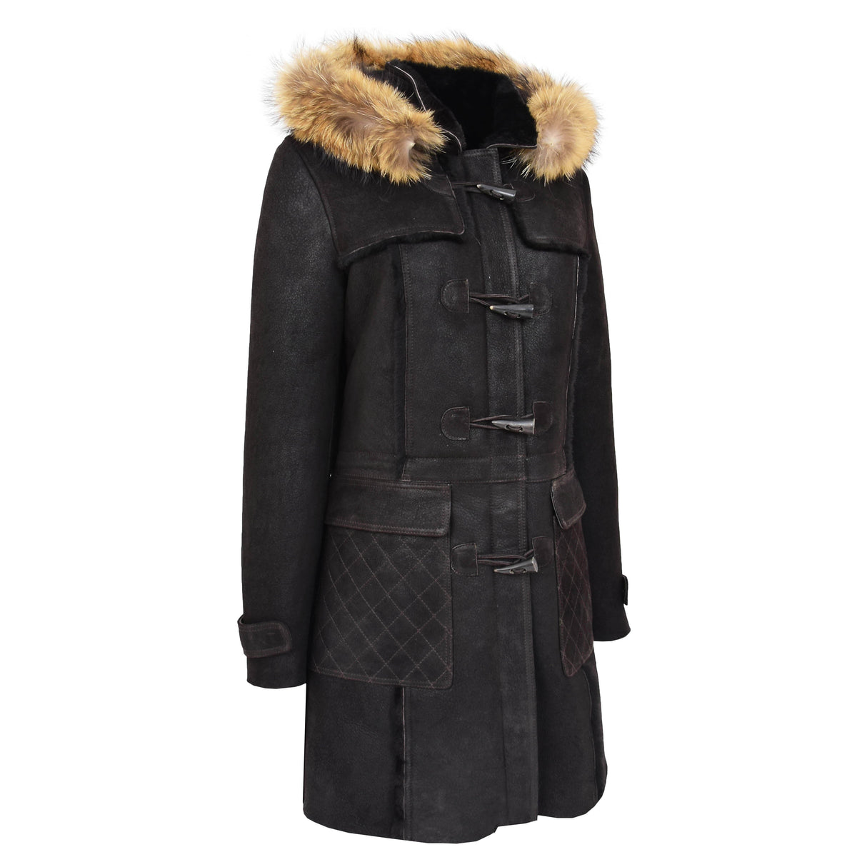 Womens Sheepskin Duffle Coat 3/4 Length Parka Beth Dark Brown - genuine sheepskin coat in dark brown with 3/4 length