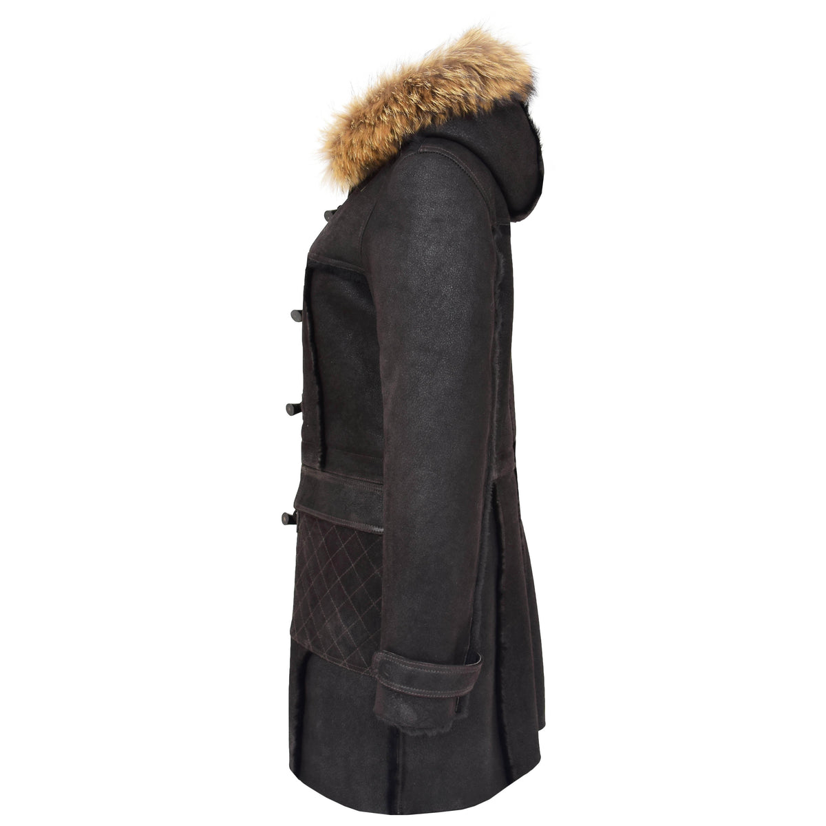 Womens Sheepskin Duffle Coat 3/4 Length Parka Beth Dark Brown - genuine sheepskin coat in dark brown with two outer pockets